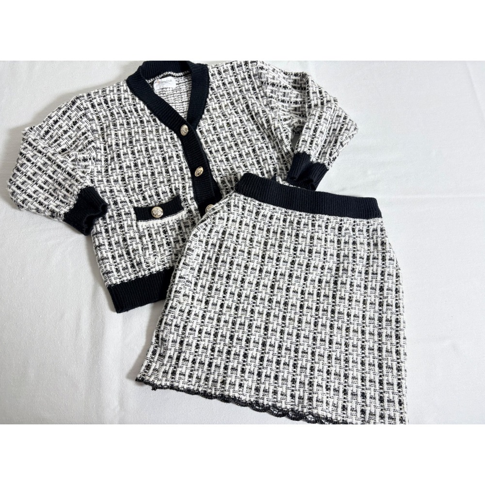 Mud Kingdom Tweed Knit Cardigan Skirt Set Kids Black White Gold Buttons